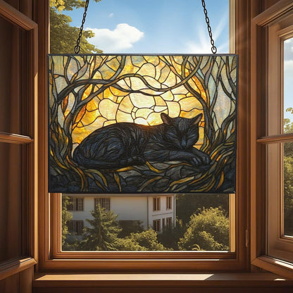 Rectangle Art Nouveau Black Cat Sunbeam Stained Glass Window Hanging Customized Suncatcher Glass