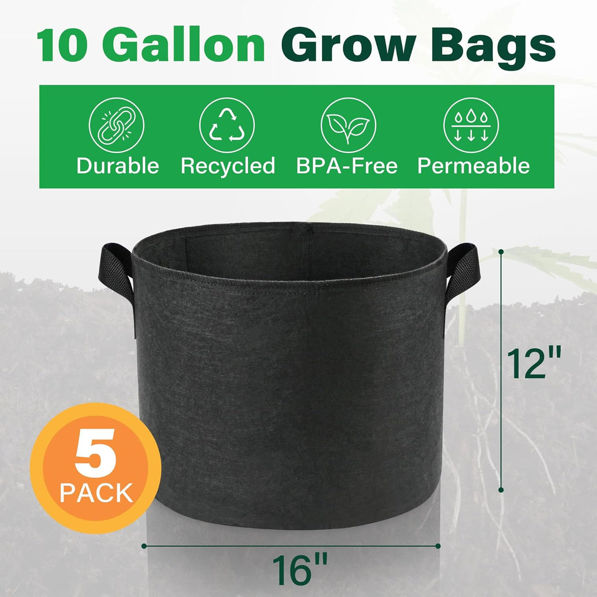 LotFancy 5-Pack 10 Gallon Grow Bags, Thickened Nonwoven Aeration Fabric Pots with Reinforced