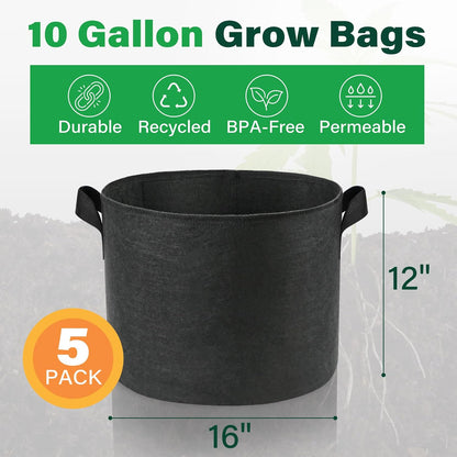 LotFancy 5-Pack 10 Gallon Grow Bags, Thickened Nonwoven Aeration Fabric Pots with Reinforced