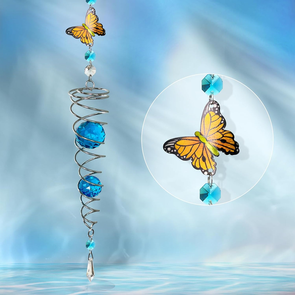 FONMY Butterfly Sun Catcher Gazing Ball Wind Spinner Rainbow Maker Silver Spiral W/ K9 Blue Crystal