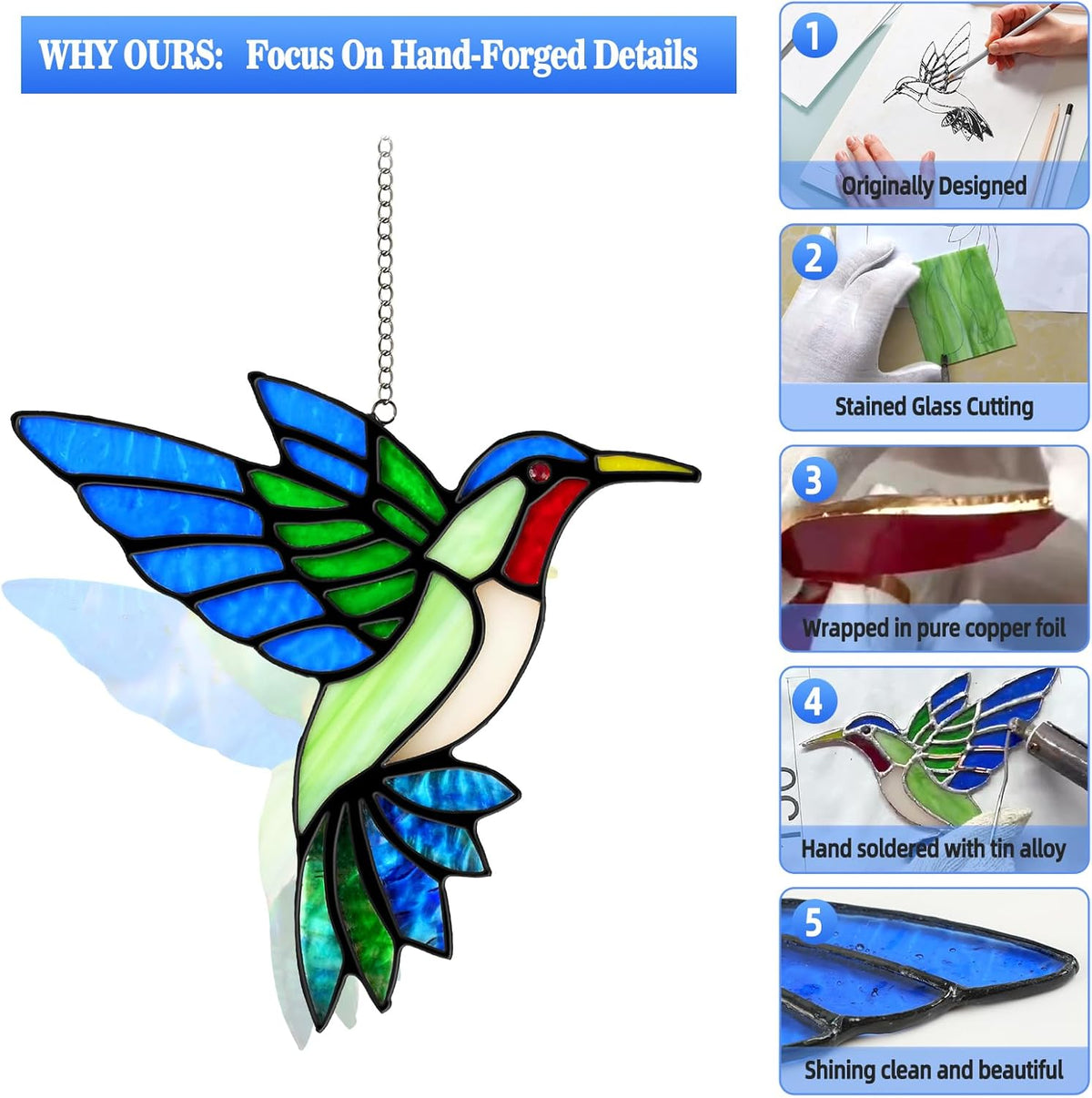 2 Packs Hummingbird Stained Glass Window Hanging Suncatchers - 6 Inch Handmade Real Glass with