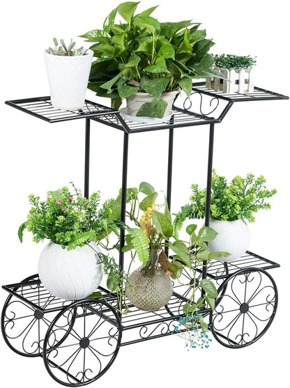Safstar 6 Tiered Metal Plant Stand w/4 Decorative Wheels, Multilayer Flower Display Shelf for Home