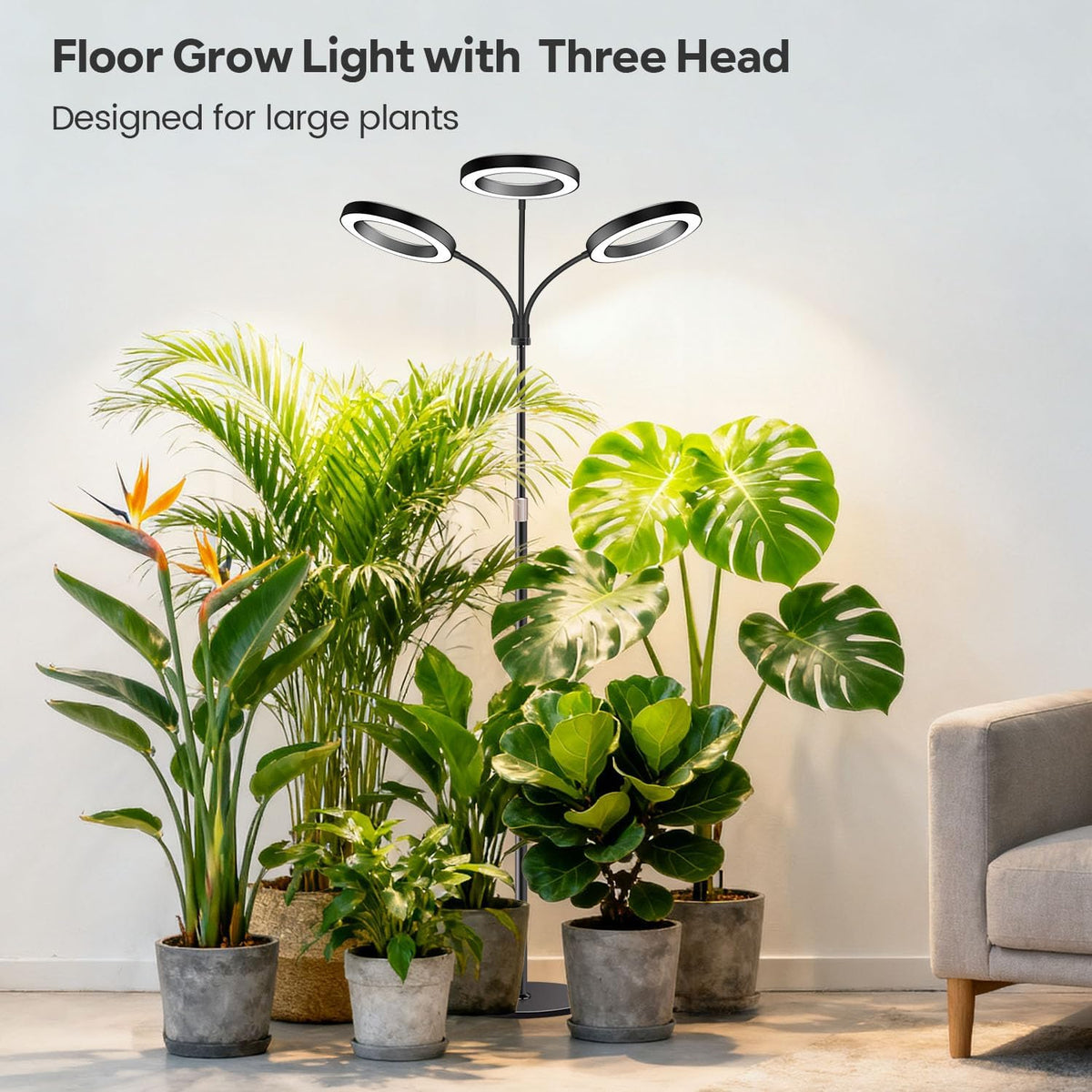 Garpsen Halo Floor Grow Light, Three-Head Full Spectrum LED Plant Light with Base, 5 Dimmable