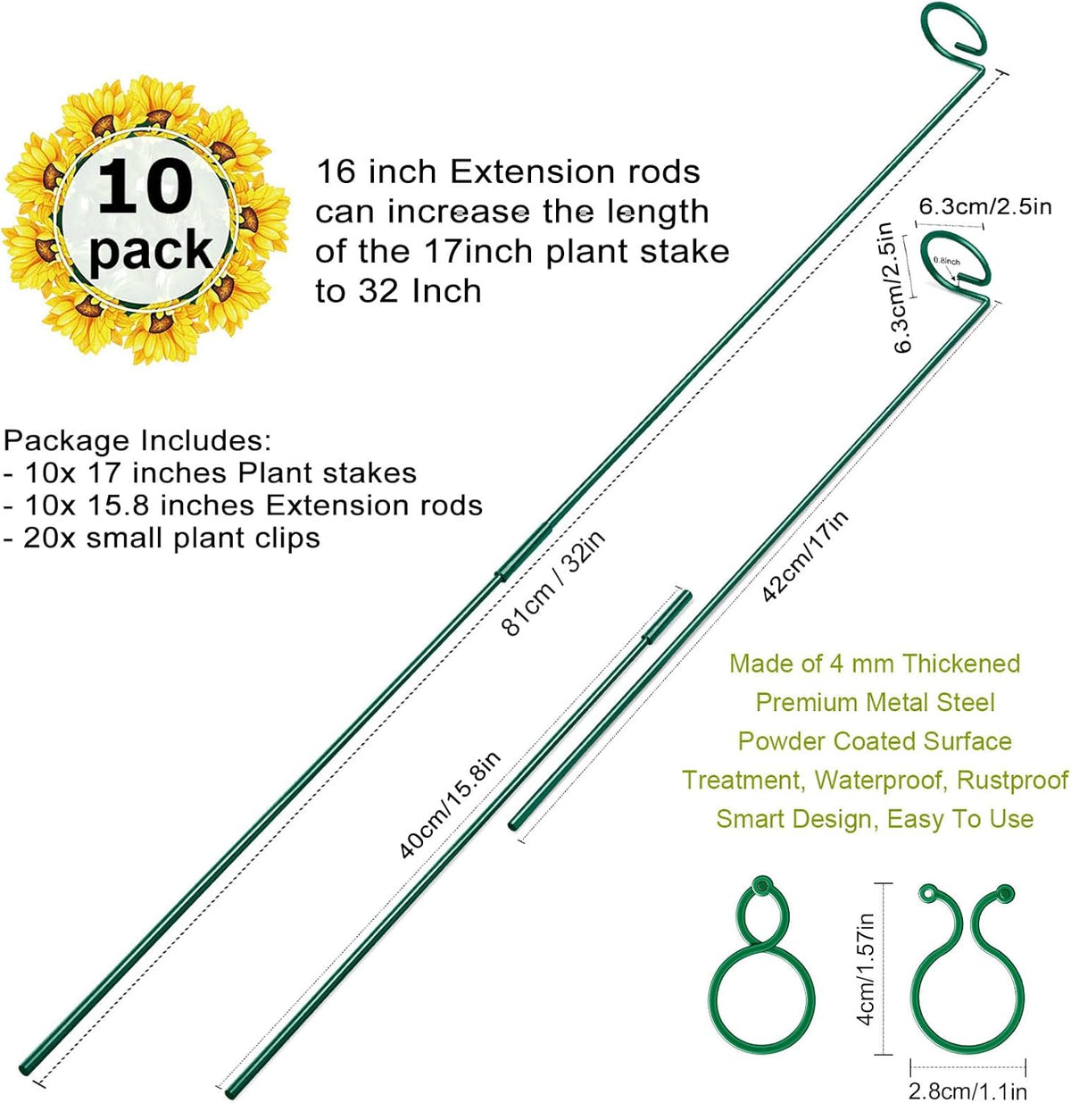 10 Pack Height Adjustable Plant Support Stakes (17" or 32" Inches), Metal Plant Stakes for Indoor