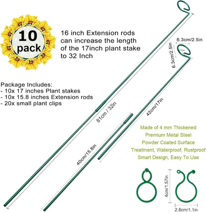 10 Pack Height Adjustable Plant Support Stakes (17" or 32" Inches), Metal Plant Stakes for Indoor