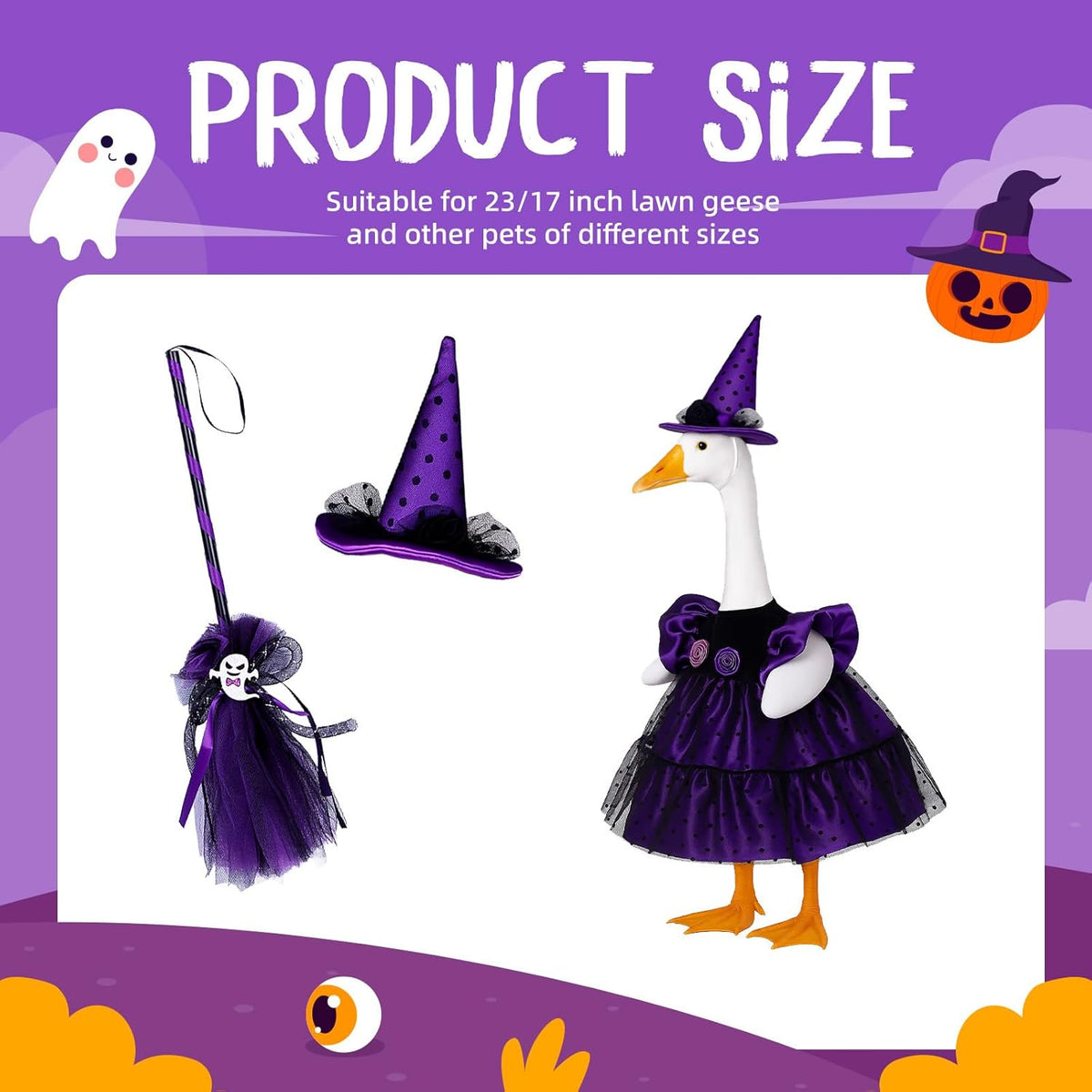 Halloween Goose Outfit Porch Witch Goose Clothes for 23'' Cement Plastic Geese Costume for Yard