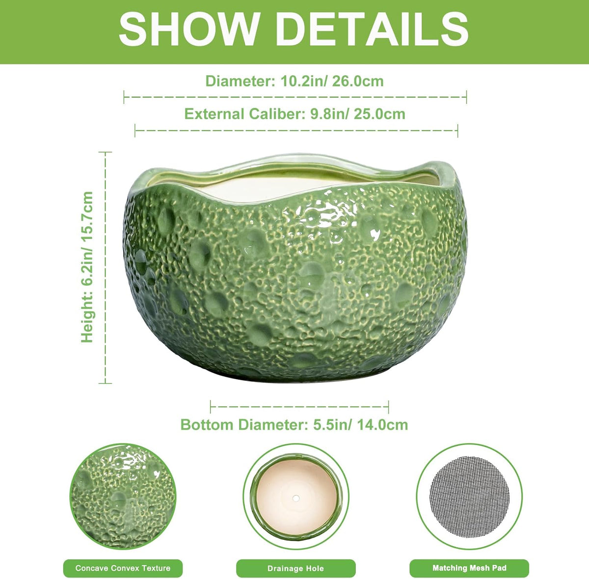 Ceramic Pots for Plants - 10 Inch Plant Pot for Indoor Outdoor, Round Bonsai Pots with Drainage
