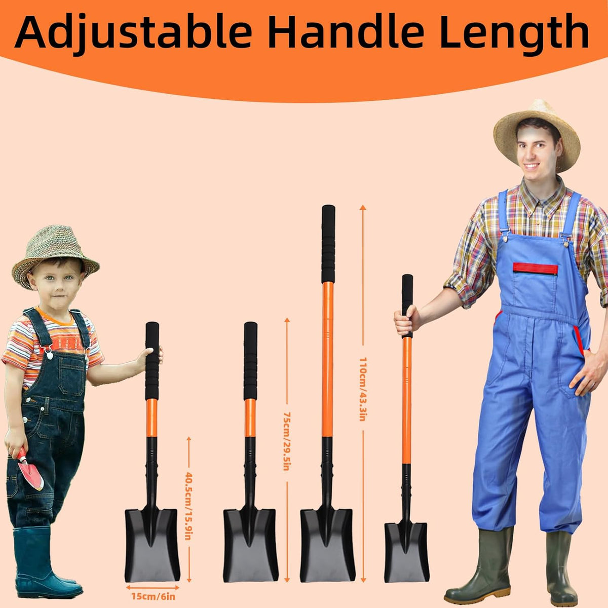 Small Square Shovel 43.3Inches Heavy Duty Garden Tools with Metal Handle, Small Transfer Spade for