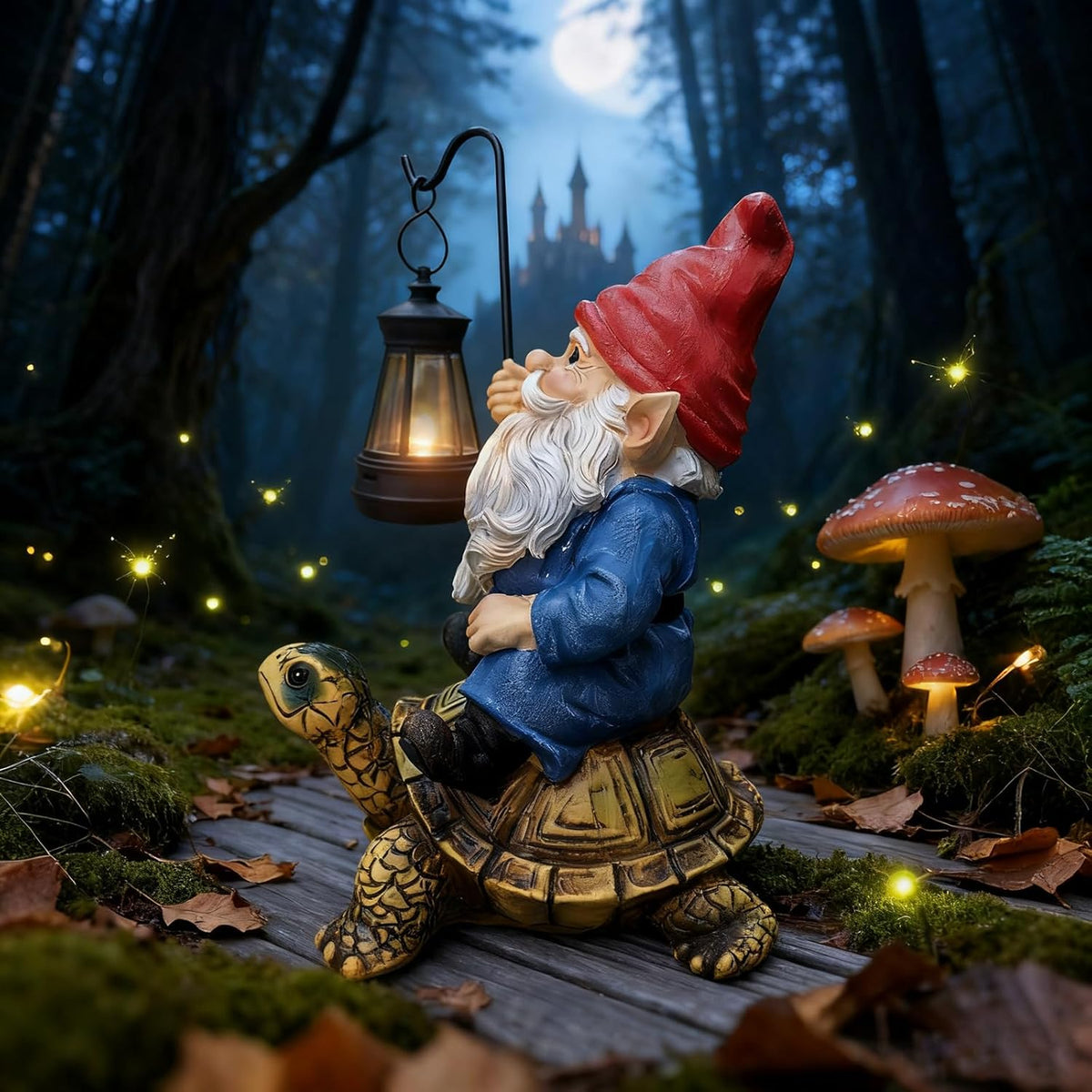 Garden Gnome Statue Riding Turtle - Garden Gnomes Decorations with Solar LED Lights, 7.9" Outdoor