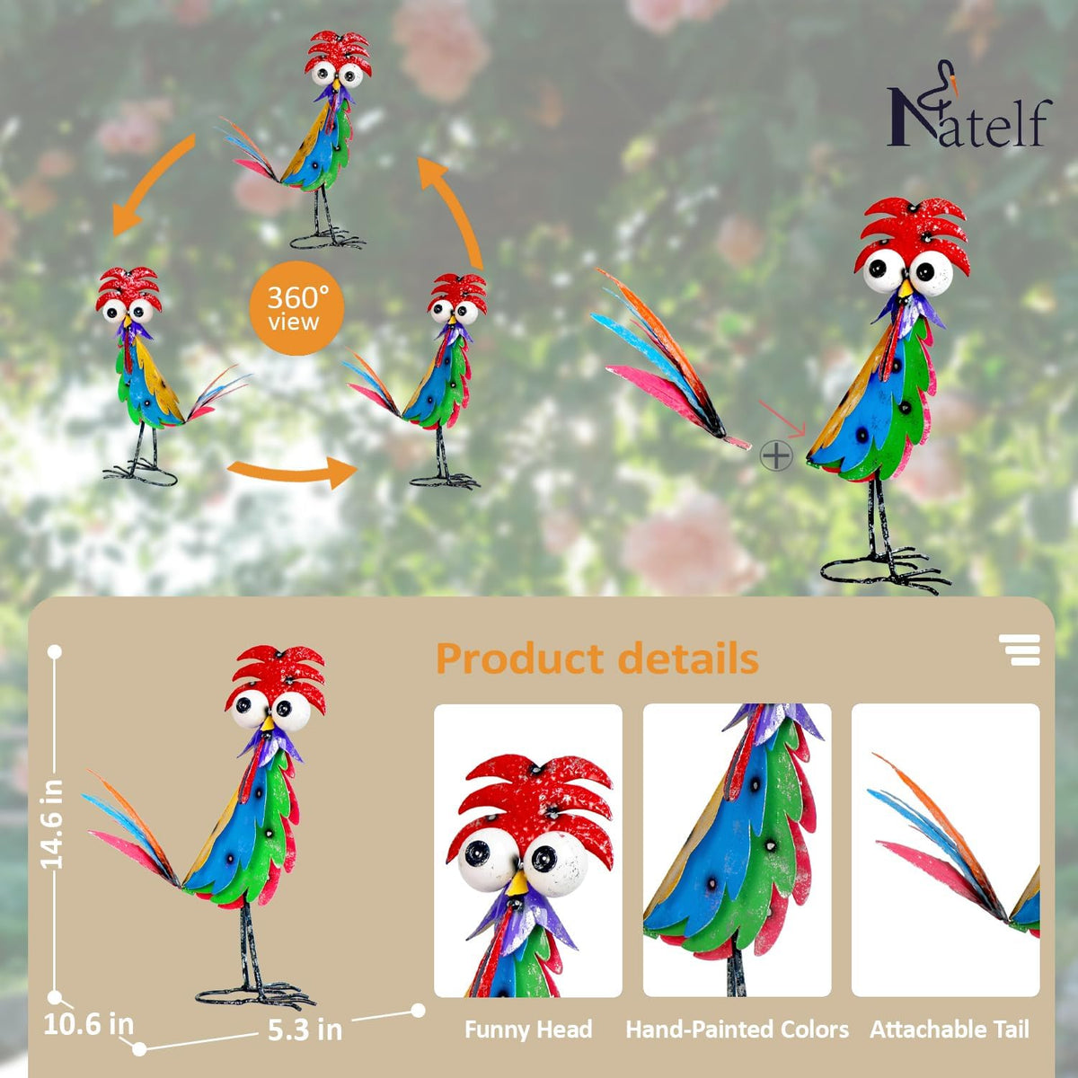 Natelf Outdoor Wacky Metal Rooster Yard Statue Decoration Roosters Decor Garden Statues Chicken