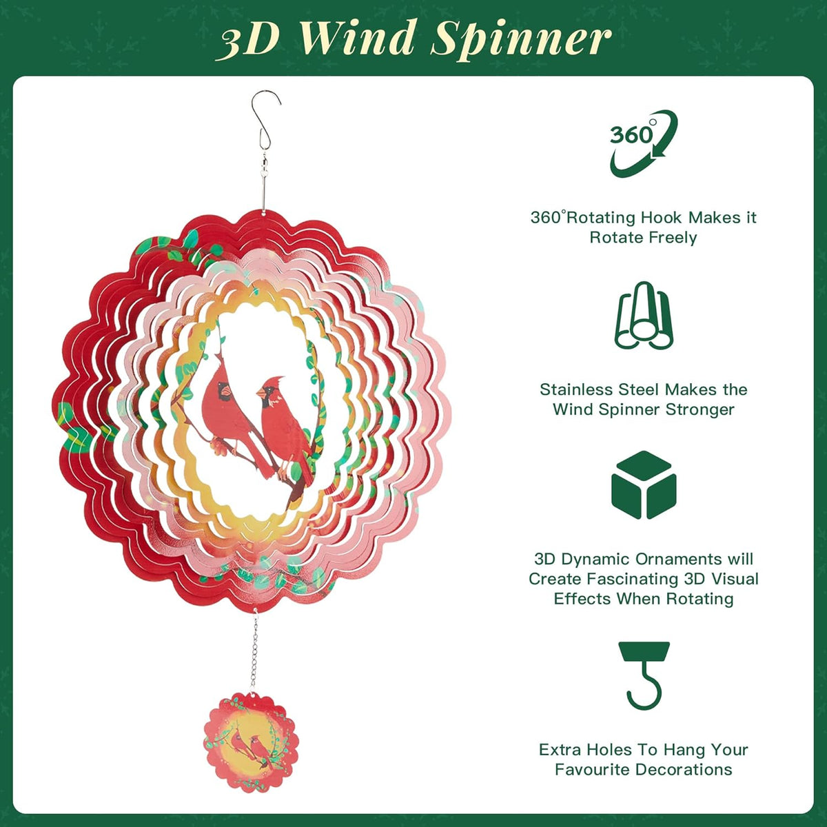 Cardinal Wind Spinners Metal Outdoor Sculpture for Outside Decoration,12 inch 3D Stainless Steel