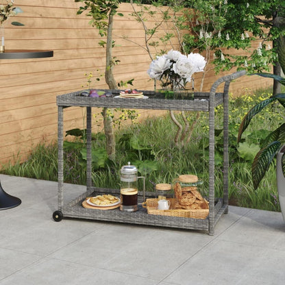 Outdoor Rolling Wicker Bar Cart with Storage Shelves, Portable Bar Cart with Wheels, Patio Kitchen