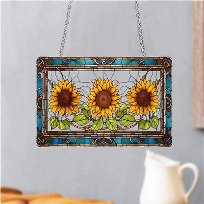 Large Acrylic Sunflower with Green Leaves Window Hanging Decor - Stained Glass Style with Colorful