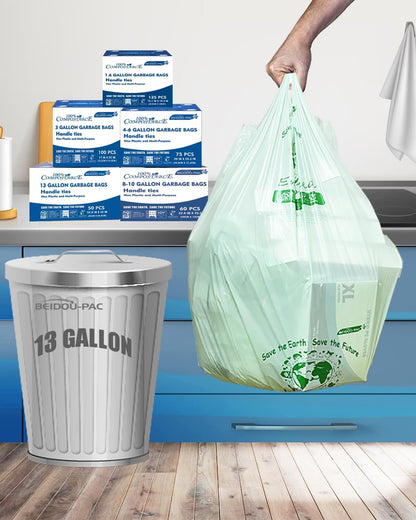 Compostable 13 Gallon Trash Bags, Tall Kitchen Garbage Bags with Handle, Sturdy Biodegradable