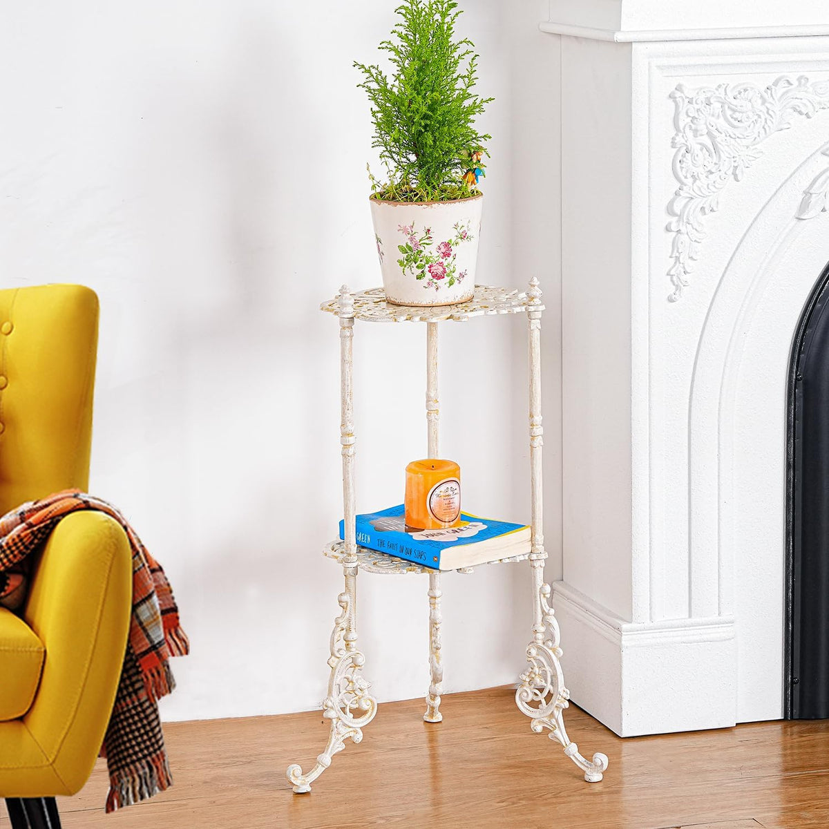 Sungmor Vintage Cast Iron 2-Tier Plant Stand, Elegant Butterfly & Floral Design with Antique White