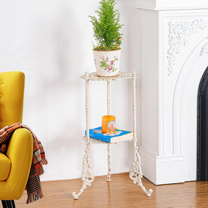 Sungmor Vintage Cast Iron 2-Tier Plant Stand, Elegant Butterfly & Floral Design with Antique White