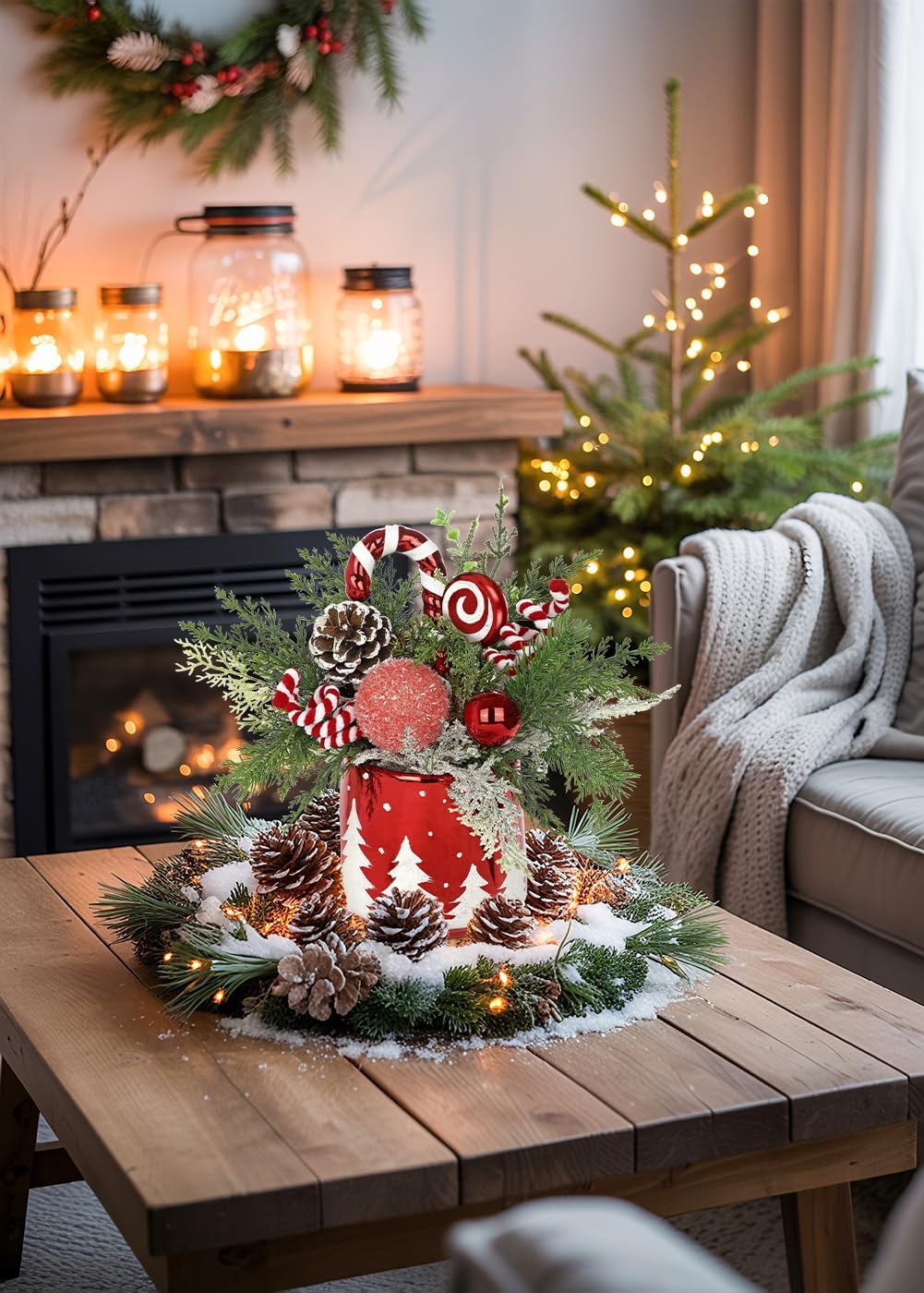 Christmas Centerpieces for Tables, Small Christmas Table Arrangements with Ceramic Vase Red & White