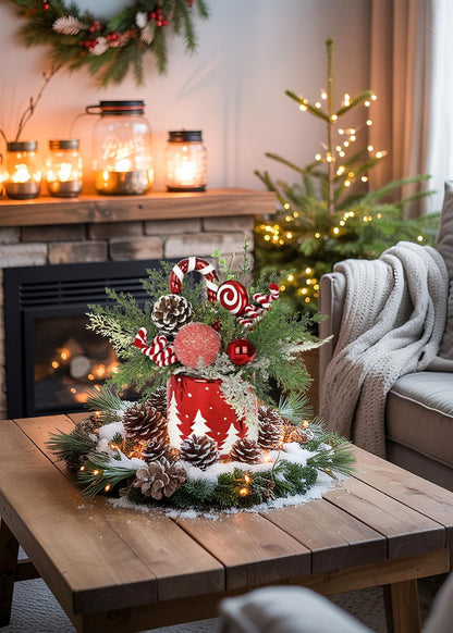 Christmas Centerpieces for Tables, Small Christmas Table Arrangements with Ceramic Vase Red & White