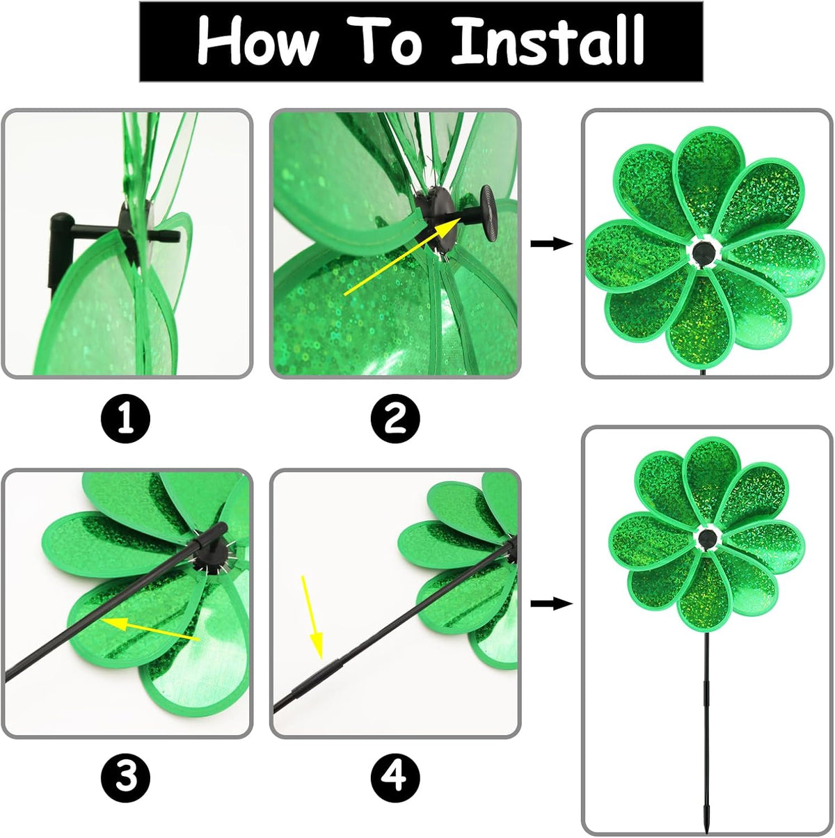 4PCS Flower Wind Spinner Sparkly Lawn Pinwheel 11.8 inch Green Garden Windmill for Christmas