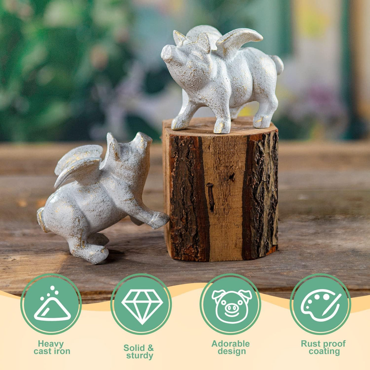 Sungmor 2PC Small Hog Heaven Flying Pig Statues, Cast Iron Animal Angel Figurine, Garden Patio Yard