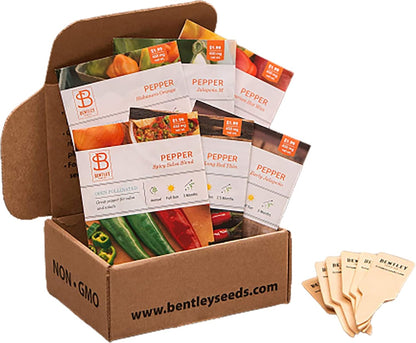 Bentley Seeds Co. HOT Peppers Seed Packet Kit With 6 Row Markers - Green & Red Chili Pepper Seeds