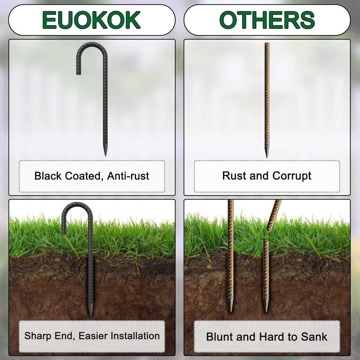 16 Inch Ground Rebar Stakes Heavy Duty J Hook Ground Anchors 40 Pack, Tent Stakes with Chisel Point