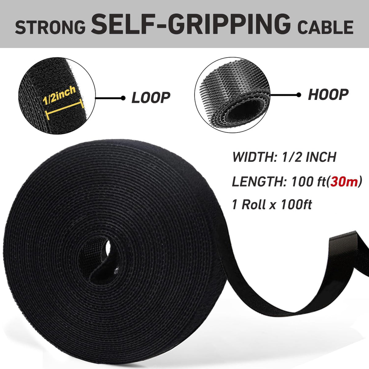 100ft x1/2 in Hook and Loop Roll, Hitotsu Reusable Fastening Tape Cable Ties, Self-Gripping