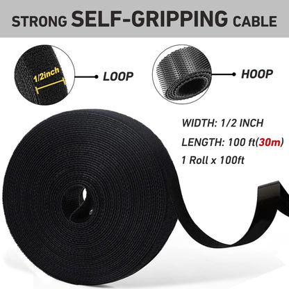 100ft x1/2 in Hook and Loop Roll, Hitotsu Reusable Fastening Tape Cable Ties, Self-Gripping