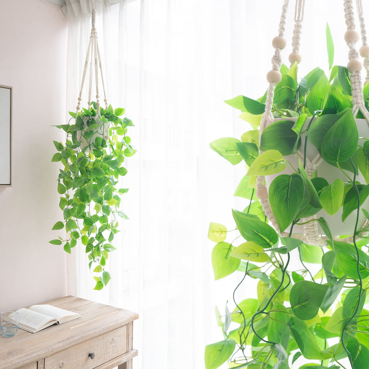 Mkono 3 Pack Macrame Plant Hangers Hanging Planters for Indoor Plants Ivory