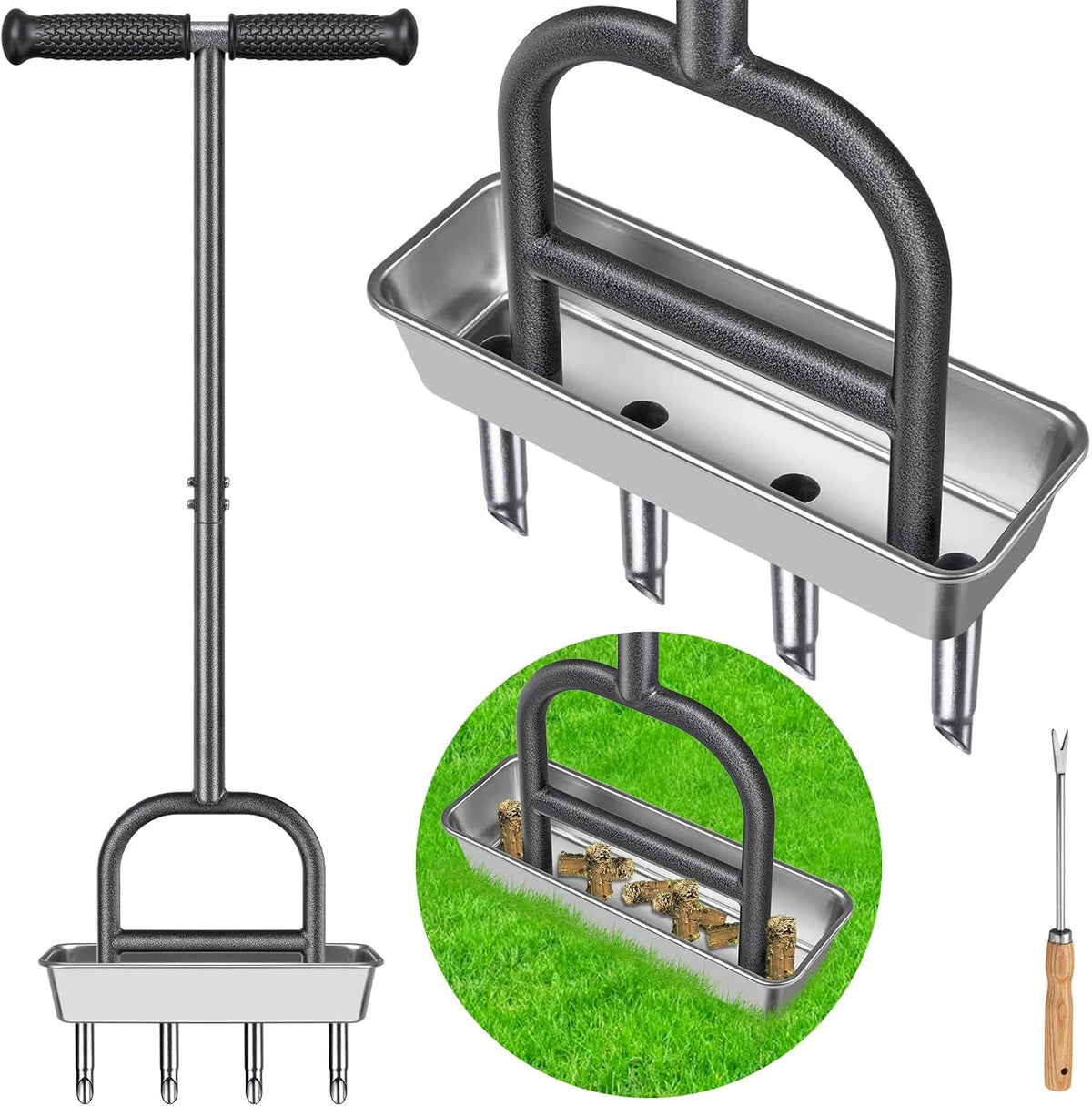 Lawn Coring Aerator Tool, Stainless Steel 4-Core Manual Plug Aerator for Yard & Lawn Aeration
