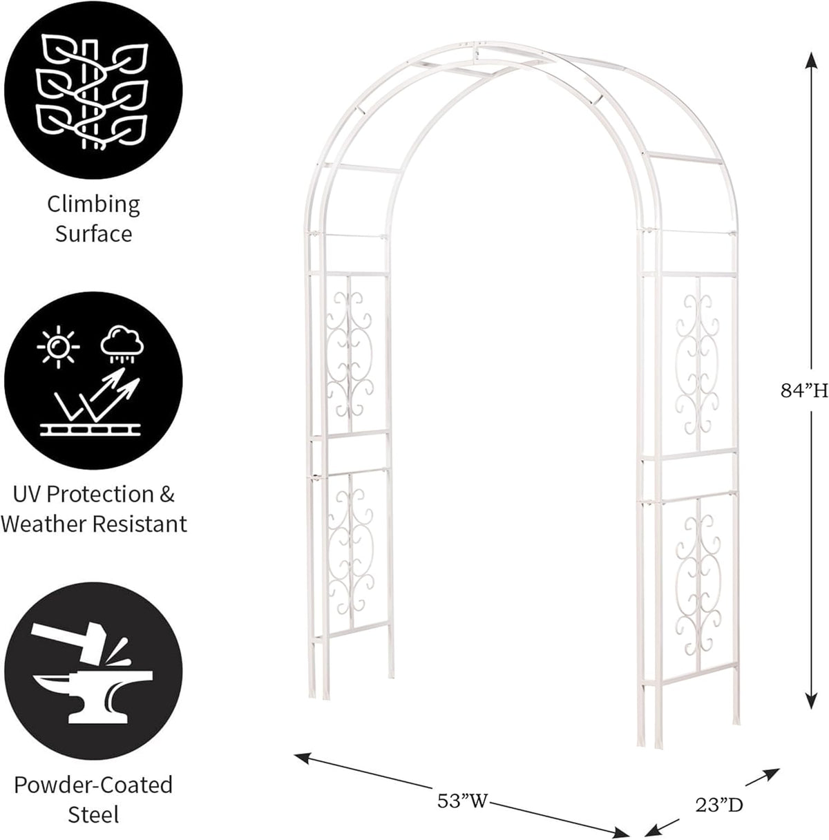 Evergreen Plow & Hearth Montebello White Garden Arbor - 7 Feet Tall | Slim Metal Arch with Iron