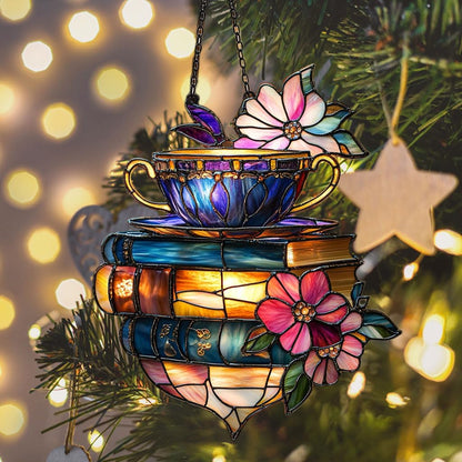 Floral Coffee Cup and Books Acrylic Suncatcher Stained Glass Effect Window Car Hanging Christmas