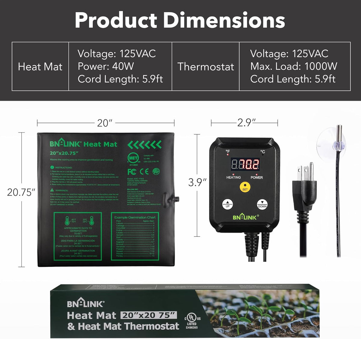 BN-LINK Seedling Heat Mat Heating Pad 20" x 20.75" with Digital Thermostat Controller Combo Set