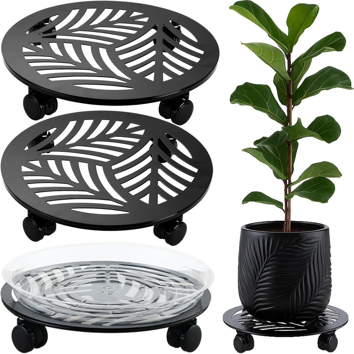 2 Packs Large Metal Plant Caddy with PU Wheels 13" Heavy-Duty Wrought Iron Rolling Plant Stands