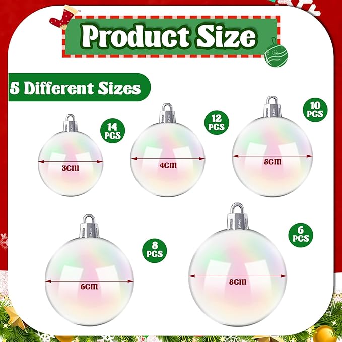 50 PCS Christmas Iridescent Ornaments,Clear Plastic Bubbles Hanging Filled Ornaments,Christmas DIY