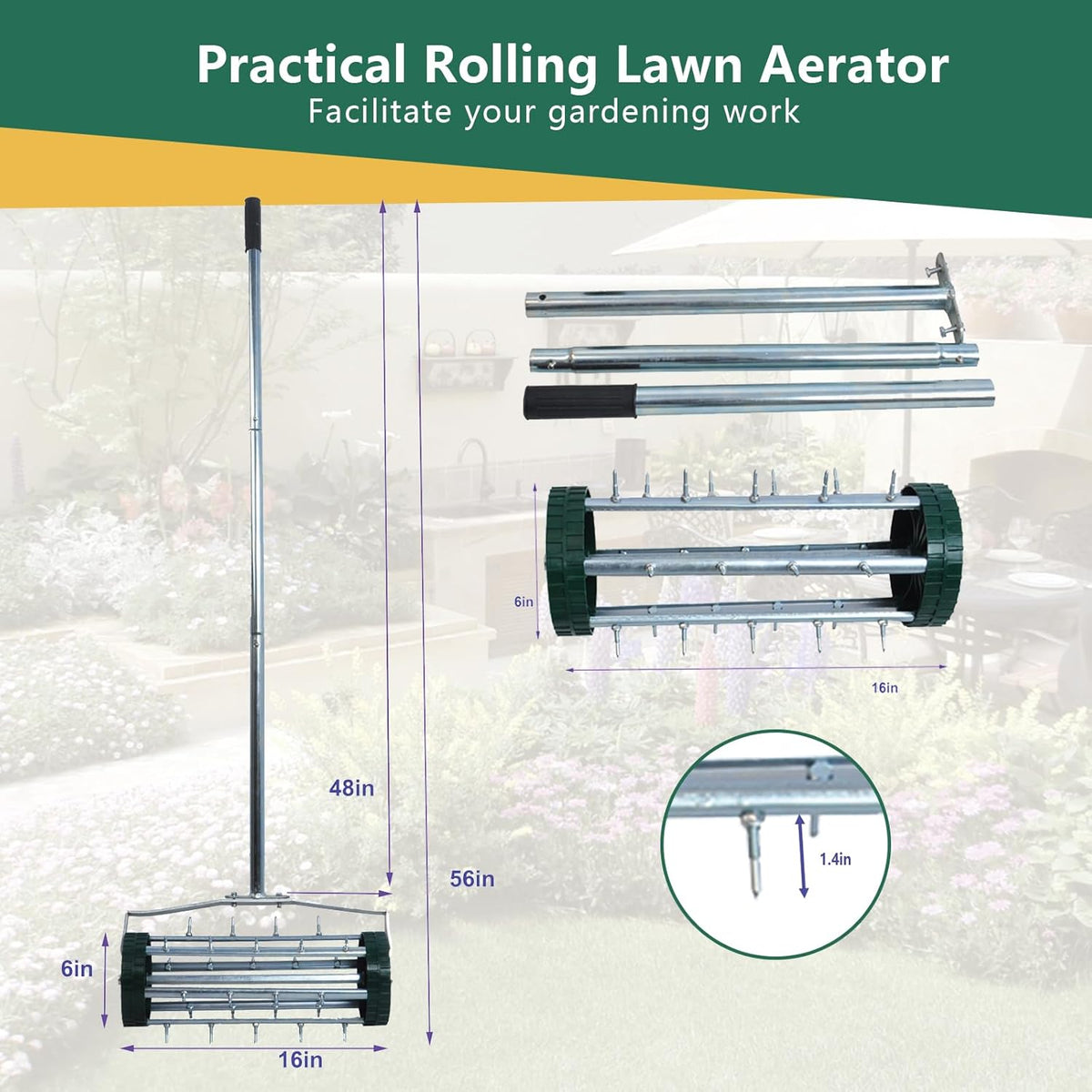 Heavy Duty Rolling Lawn Aerator,Rolling Lawn Aerator, Rotary Push Tine Spike Soil Lawn Aerator