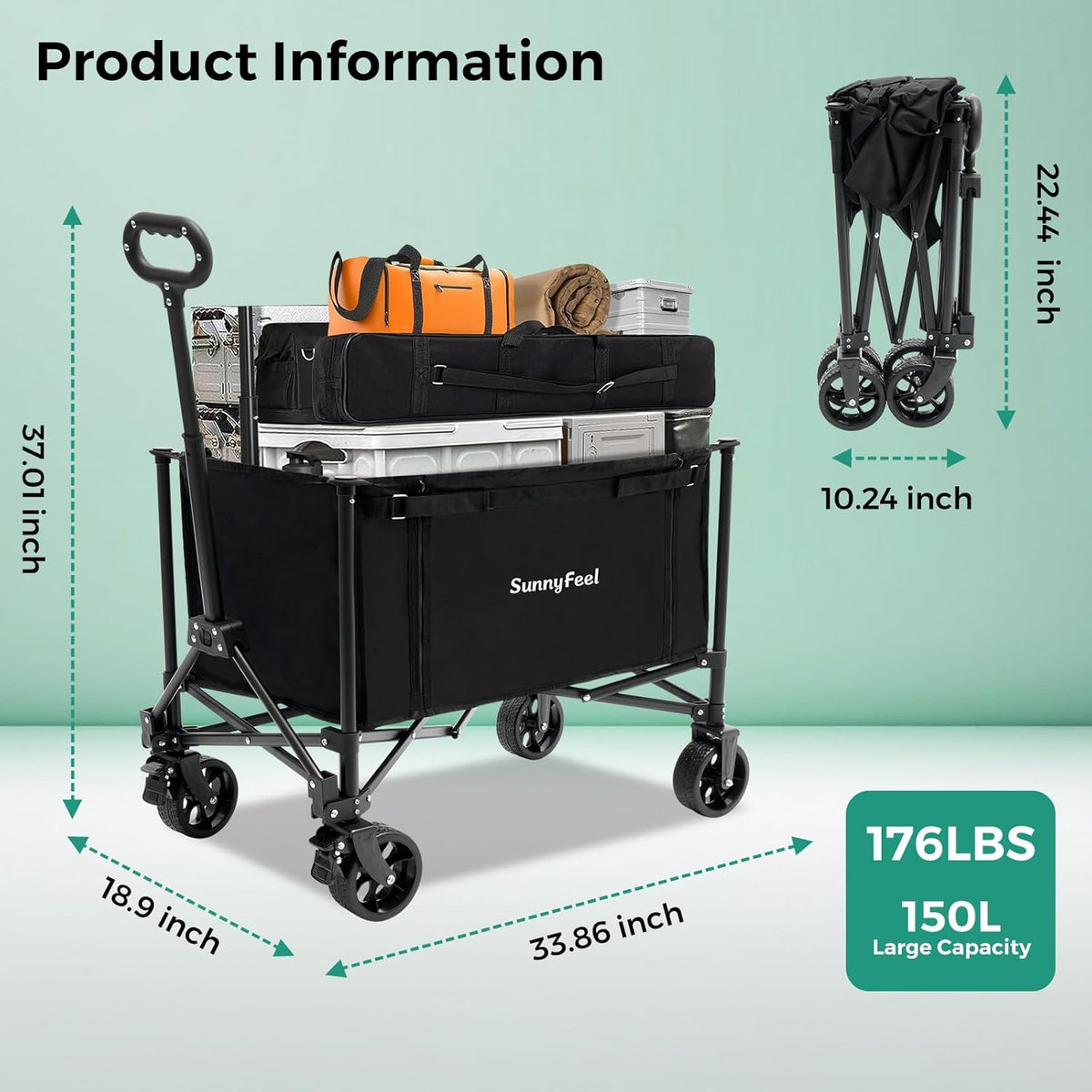SUNNYFEEL Wagon Cart Foldable, Standard Borderless Version Collapsible Wagon with 220 LBS Max Load