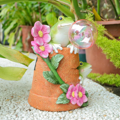 Afirst Solar Garden Outdoor Statues Frog Solar Garden Statue Blowing Bubble with Flowers Waterproof