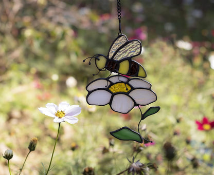 Bee Suncatcher Flower Stained Glass Window Hangings, Bee Decor Party Birthday Bee Gifts for