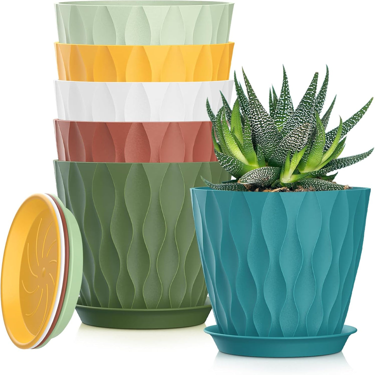 5 Inch Planter Pots, 6 Pack Indoor Planters, Small Flower Pots with Drainage Holes and Tray for