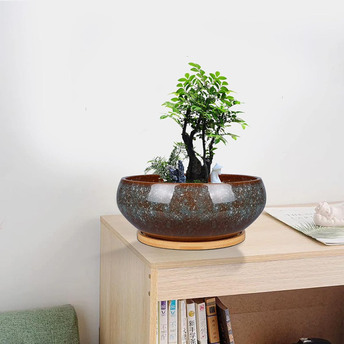 8 Inch Ceramic Bonsai Planter Pot, Glazed Shallow Succulent Planter with Drainage Hole and Bamboo