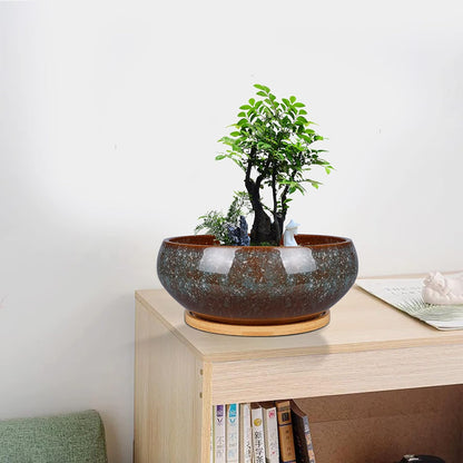 8 Inch Ceramic Bonsai Planter Pot, Glazed Shallow Succulent Planter with Drainage Hole and Bamboo