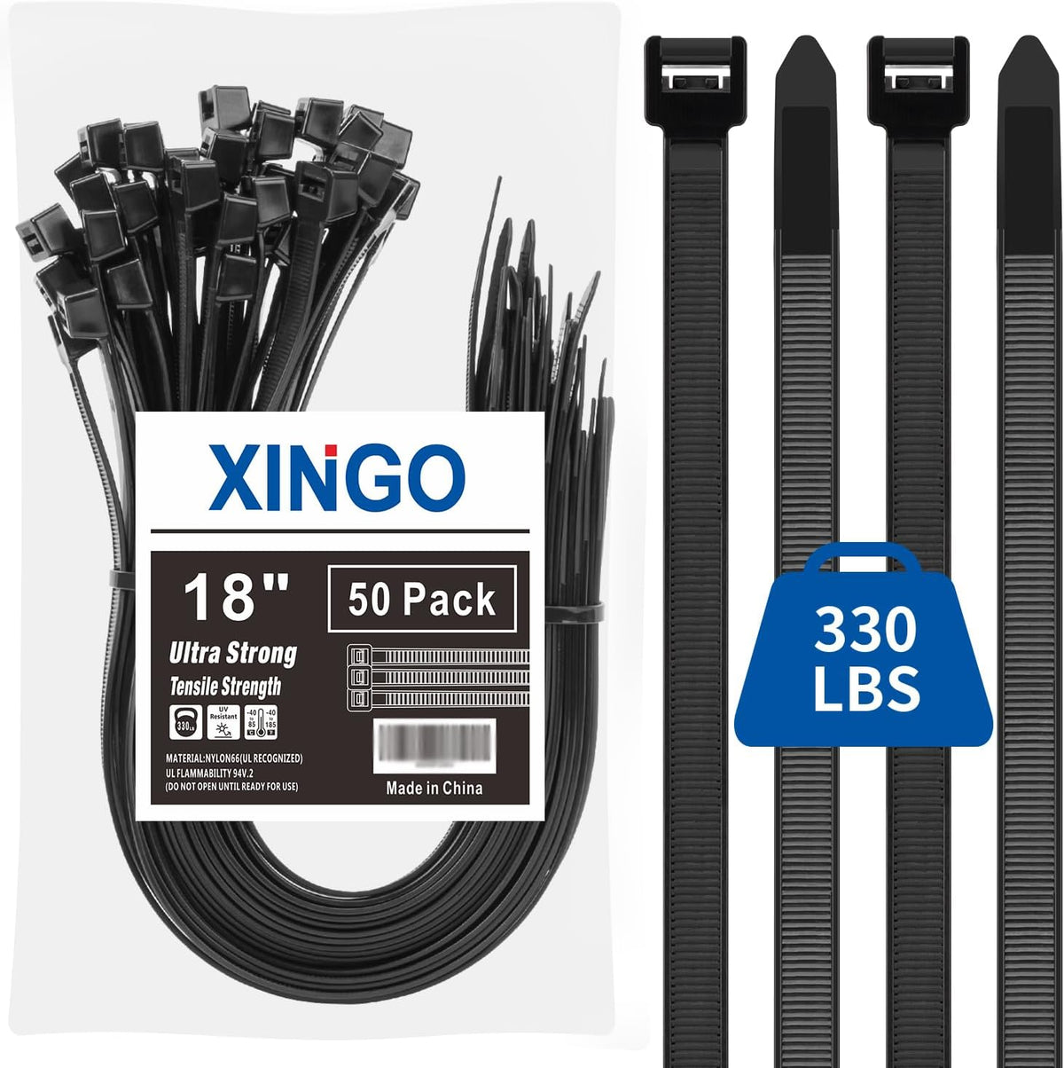 XINGO 18 Inch Black Large Zip Ties Heavy Duty 50 Pack, 330 LBS Ultra Exclusive Strong Plastic Wire