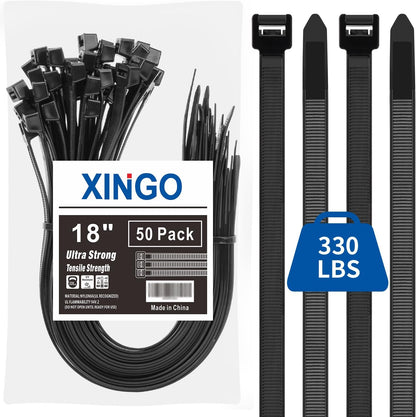 XINGO 18 Inch Black Large Zip Ties Heavy Duty 50 Pack, 330 LBS Ultra Exclusive Strong Plastic Wire