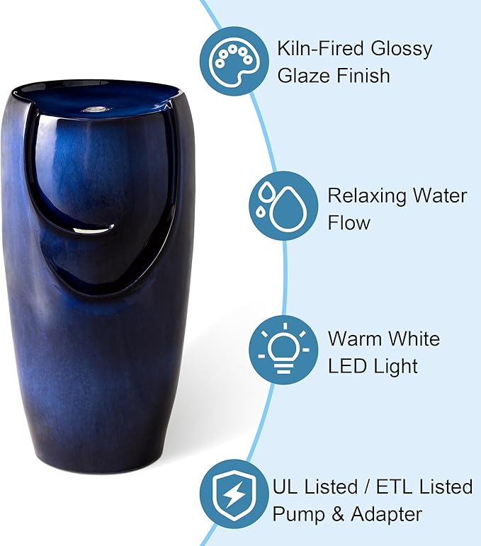 Glitzhome 29.25" H Oversized Ceramic Vase Outdoor Water Fountain Tall Patio Garden Water Fountain