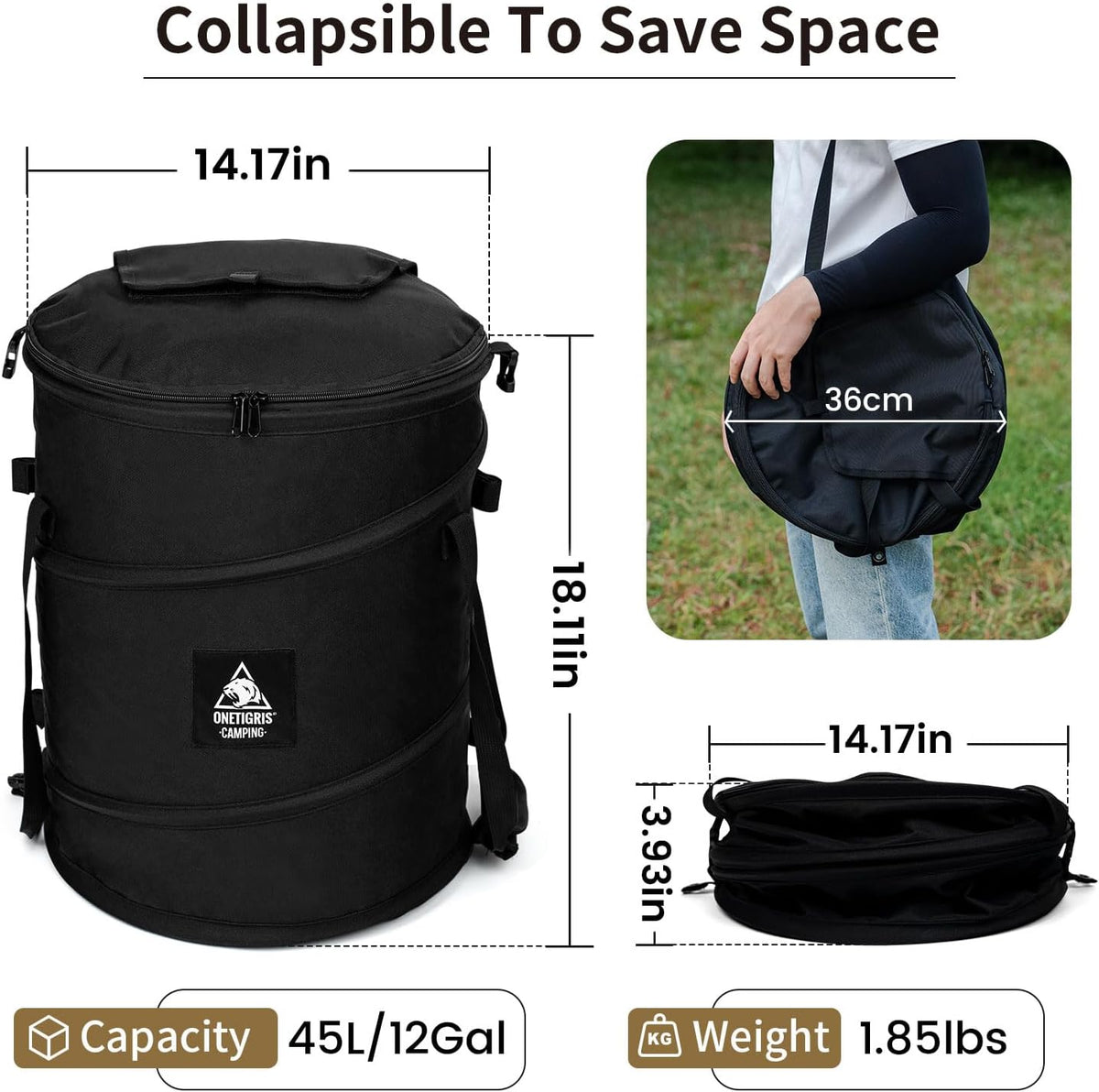 ONETIGRIS Collapsible Trash Can for Camping,12 Gallon Pop up Trash Can with Sorting Clips, Outdoor