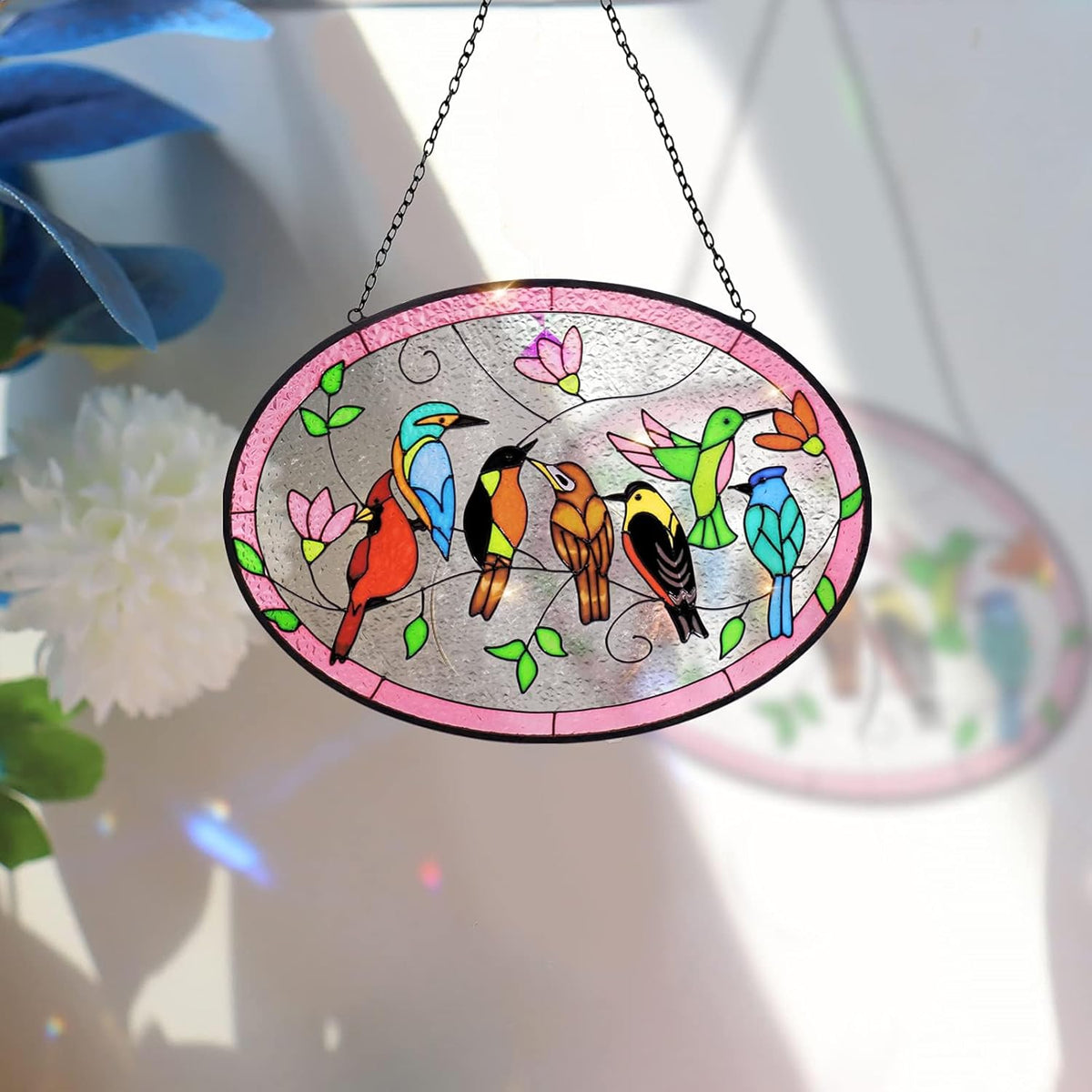 Huray Rayho Birds On A Branch Stained Glass Ornament, 9.5''x6.7'' Cardinal Hummingbird Suncatcher