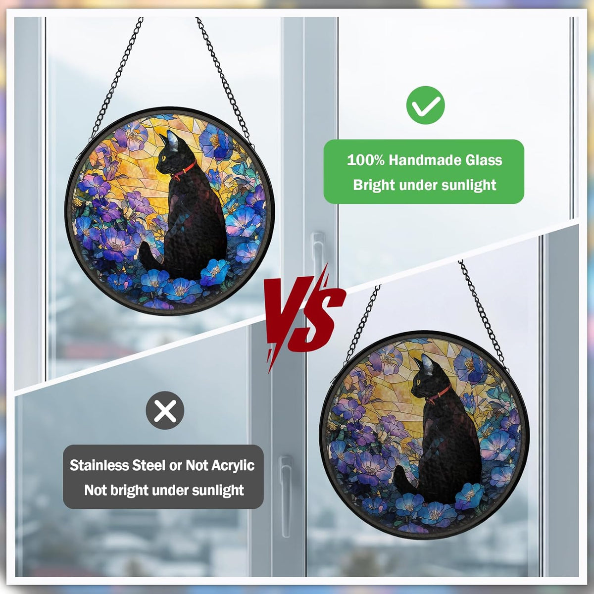 Cat Stained Glass Window Hanging, Flower Suncatcher Diamond Glass Panel Hangings, Sun Catchers