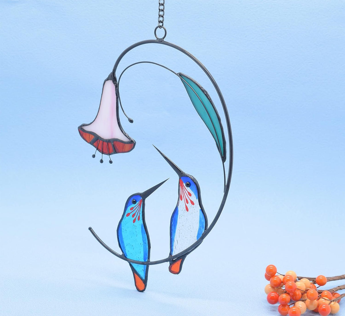 Lolitarcrafts Hummingbird with Flower Stained Glass Suncatcher Bird Stained Glass Window Hangings