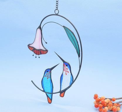Lolitarcrafts Hummingbird with Flower Stained Glass Suncatcher Bird Stained Glass Window Hangings